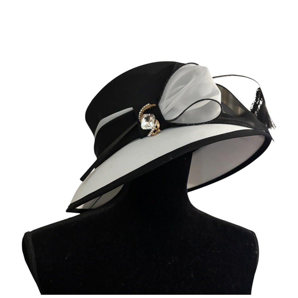 June's Young London Black White Feather Hat Kentucky Derby Wedding Church Brooch - Picture 4 of 5